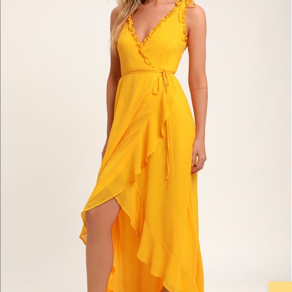 Lulu’s Juliette Yellow Ruffled High-Low Wrap Dress